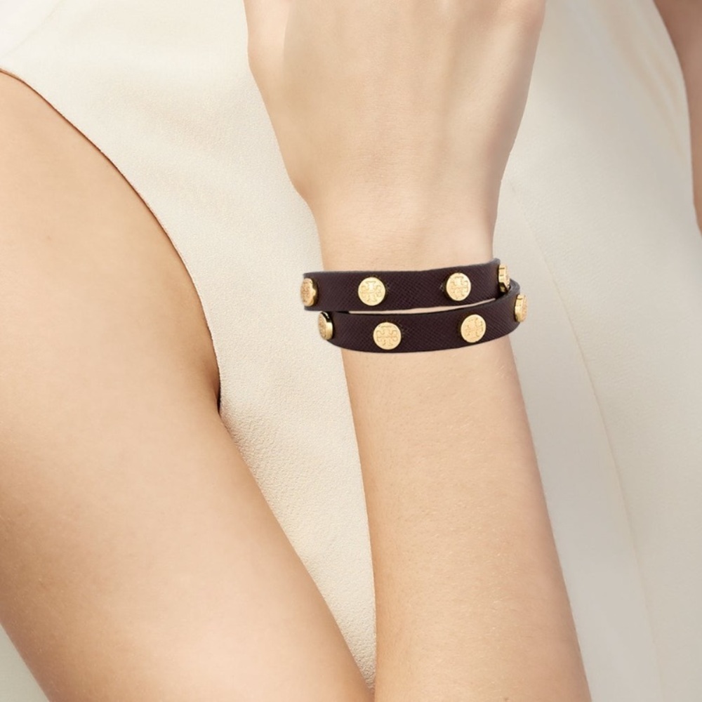 Tory Burch Leather Wrapped Logo Studded Bracelet